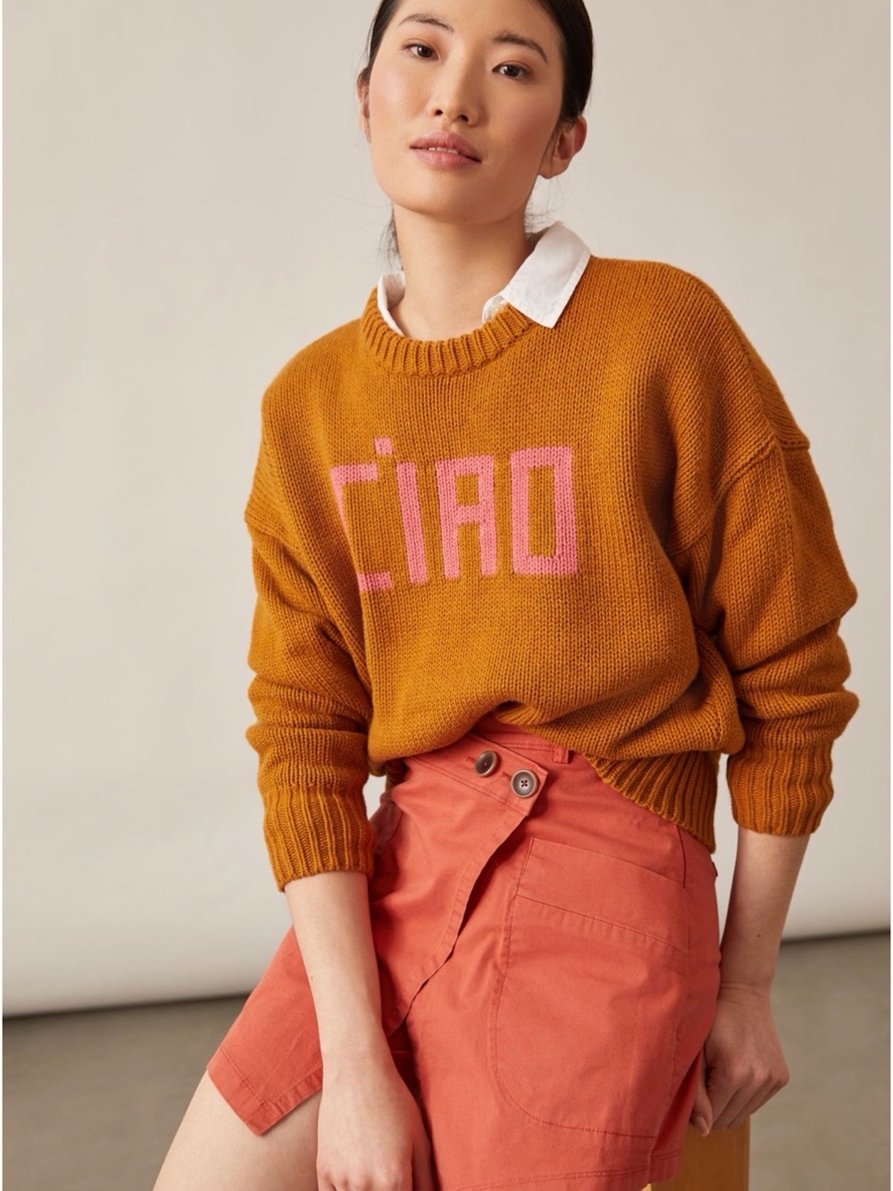 Clare V Mustard Crewneck Sweater with Pink 'CIAO' Lettering